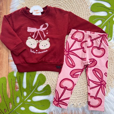 Conj. Casaco de Moletom Fofos e Docinhos e  Calça Legging - Vermelho e Rosa